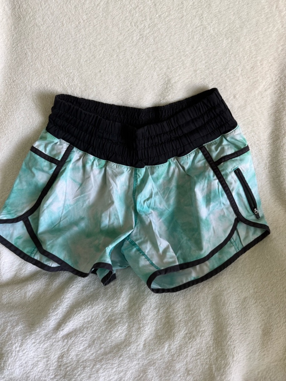 lululemon athletica Aqua Tie-Dye Running Shorts with Black Waistband